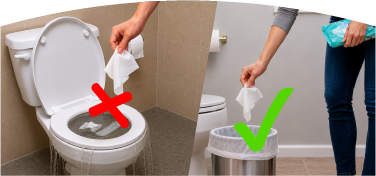 Comparación de arrojar pañitos al inodoro vs. arrojarlos a la papelera