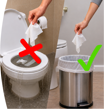 Comparación de arrojar pañitos al inodoro vs. arrojarlos a la papelera
