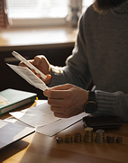 Persona revisando factura de servicios públicos con monedas sobre la mesa