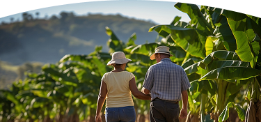 Banner ''Energía solar rural'' pareja de campesinos caminando entre cultivos de plátano en zona rural con montañas al fondo