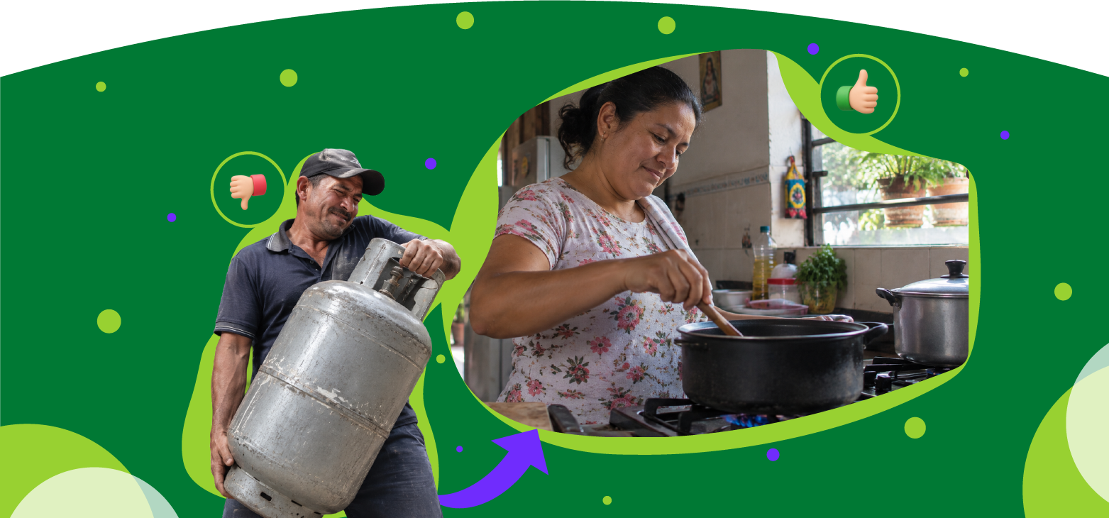 Hombre sostiene una pipeta de gas con mucho esfuerzo, mientras que mujer cocina tranquilamente