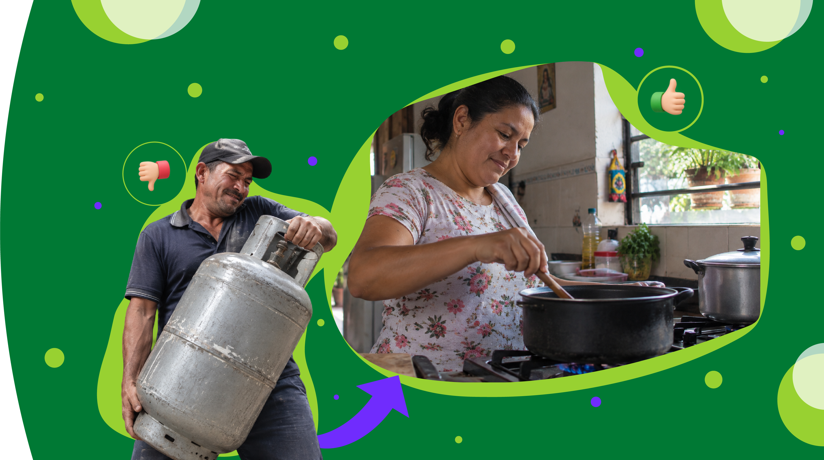 Hombre sostiene una pipeta de gas con mucho esfuerzo, mientras que mujer cocina tranquilamente