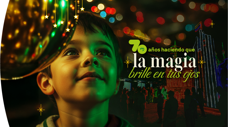 Niño observando con asombro los alumbrados navideños epm 2025. A su lado aparece el texto: "70 años haciendo que la magia brille en tus ojos" acompañado de estrellas decorativas y figuras luminosas en el fondo.
