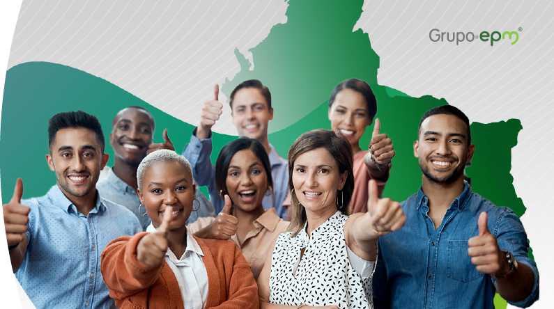 Grupo diverso de personas sonríe y levanta el pulgar en señal de aprobación, sobre fondo verde con el logo de Grupo EPM
