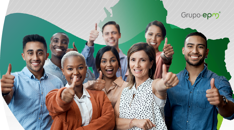 Grupo diverso de personas sonríe y levanta el pulgar en señal de aprobación, sobre fondo verde con el logo de Grupo EPM