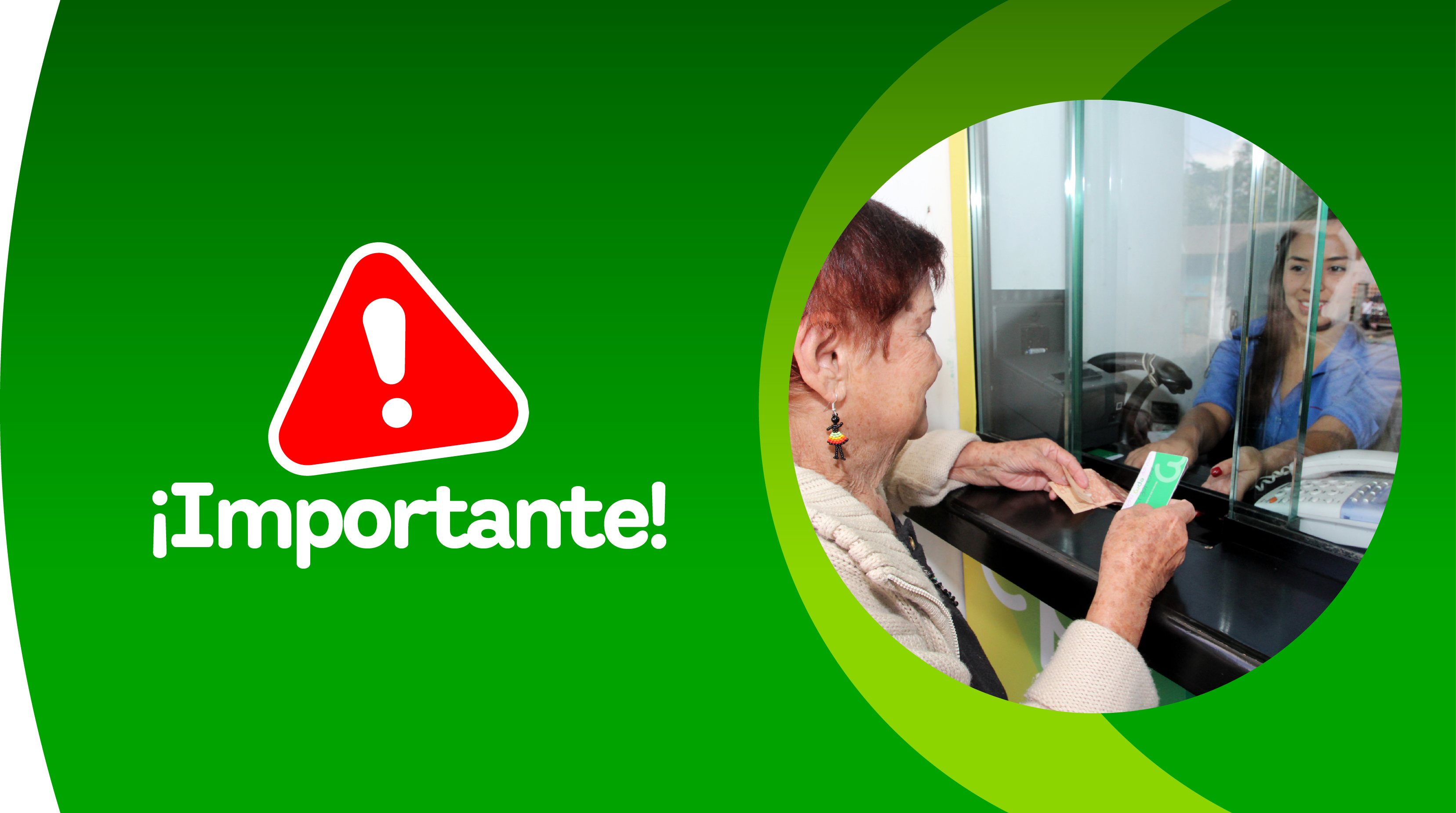 Mujer realiza el pago de energia prepago en una ventanilla. A la izquierda aparece un aviso de ¡Importante! con un ícono de advertencia.