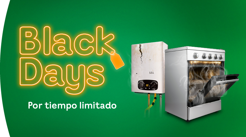 Black Days por tiempo limitado. A la derecha se ven un calentador y una estufa dañados, ambos con señales de desgaste y humo.”