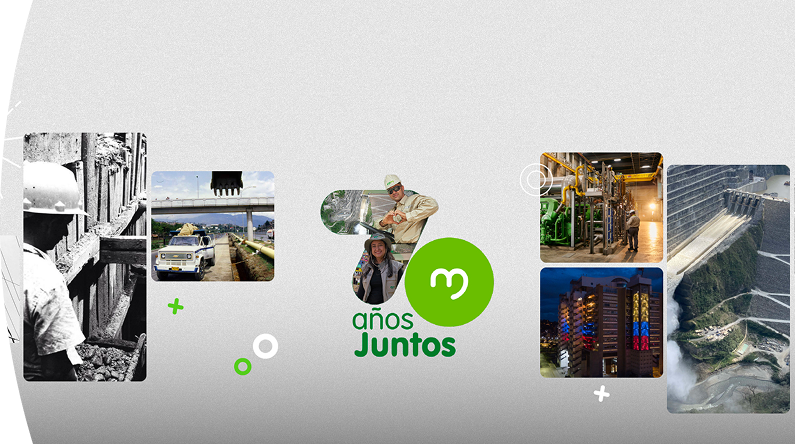 Collage con imágenes históricas y actuales de proyectos de energía e infraestructura de EPM, con el mensaje “70 años juntos” al centro