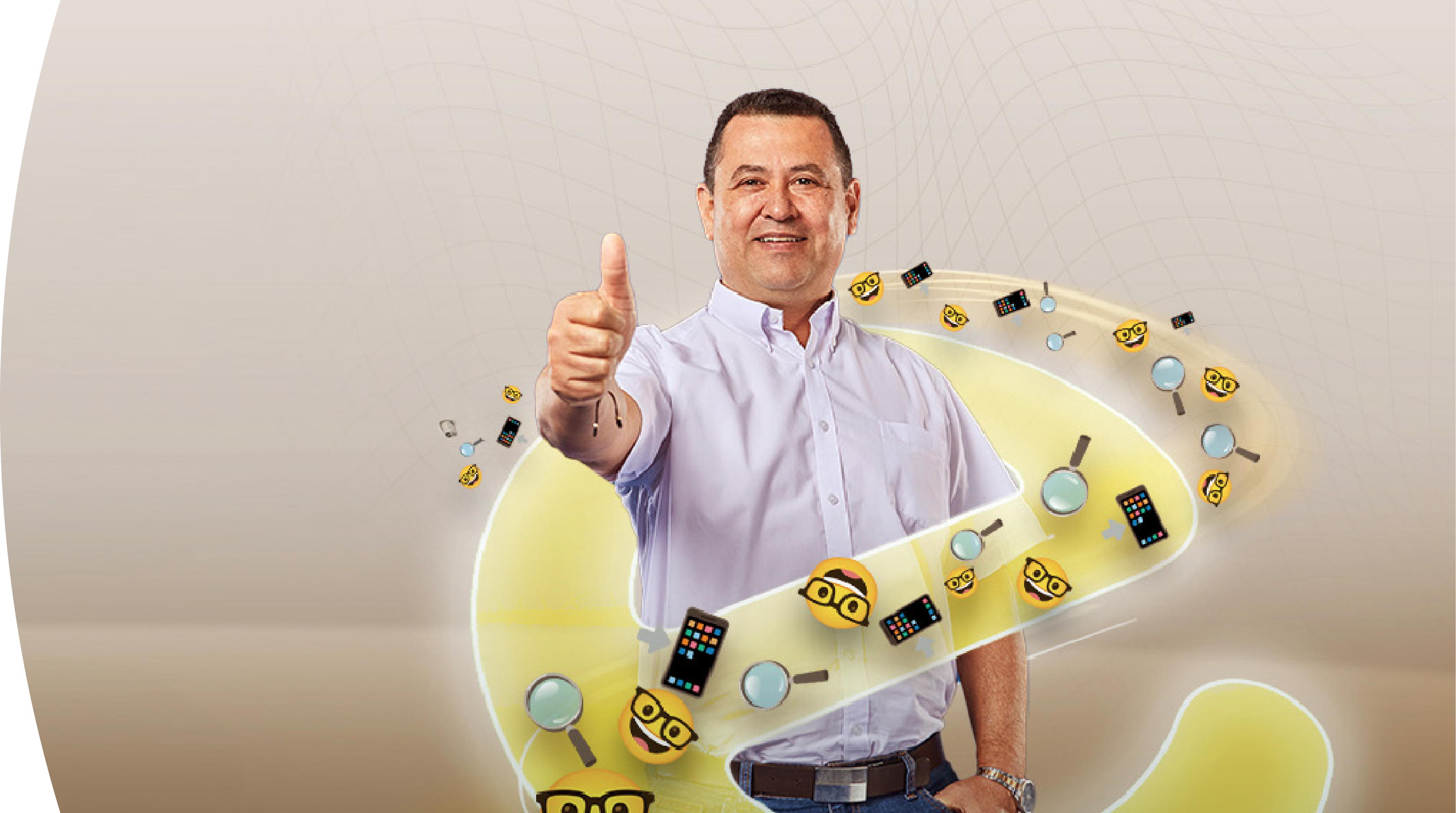 Hombre sonriendo dando pulgar arriba rodeado de iconos tecnológicos de búsqueda y celular