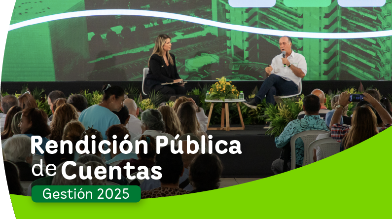 Evento de rendición pública de cuentas de EPM con panelista acompañada del gerente general de EPM John Maya Salazar, en escenario frente a la audiencia y el mensaje  de "Rendición pública de cuentas gestión 2025".