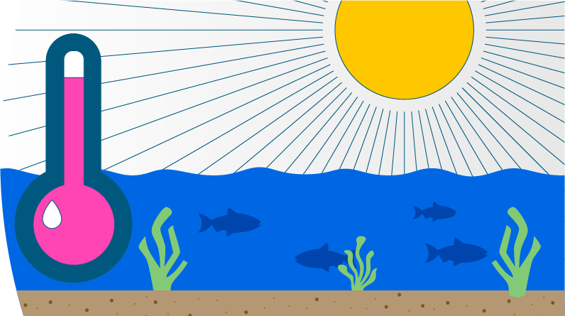 Ilustración de ecosistema marino con peces, algas y termómetro que representa los efectos del aumento de temperatura