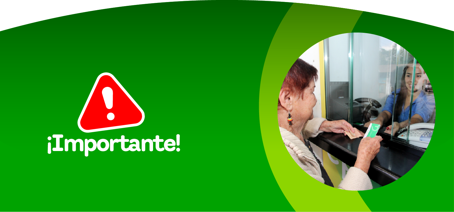 Mujer realiza el pago de energia prepago en una ventanilla. A la izquierda aparece un aviso de ¡Importante! con un ícono de advertencia.