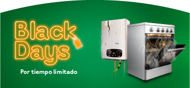 Black Days por tiempo limitado. A la derecha se ven un calentador y una estufa dañados, ambos con señales de desgaste y humo.”