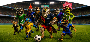 Fauna y flora representadas como futbolistas avanzan en un estadio lleno de aficionados