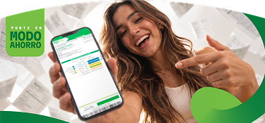 Mujer sonriente mostrando en la pantalla de su celular la factura digital de EPM, con el mensaje Ponte en modo ahorro y facturas en papel cayendo al fondo.