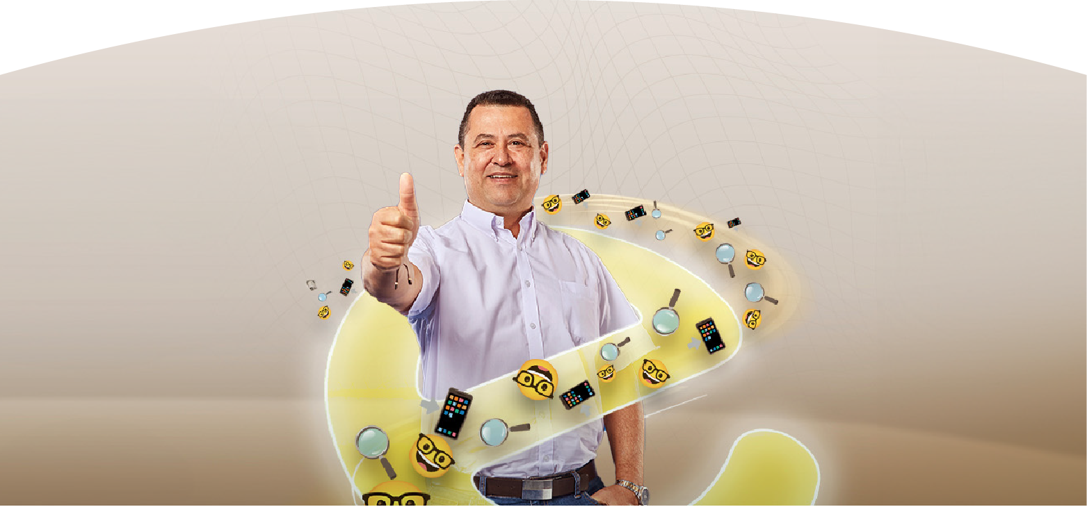 Hombre sonriendo dando pulgar arriba rodeado de iconos tecnológicos de búsqueda y celular