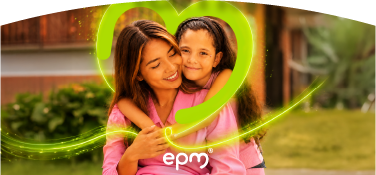 Madre e hija abrazadas sonríen junto al logo de EPM, rodeadas por un corazón de luz verde neón.