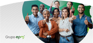 Grupo diverso de personas sonríe y levanta el pulgar en señal de aprobación, sobre fondo verde con el logo de Grupo EPM