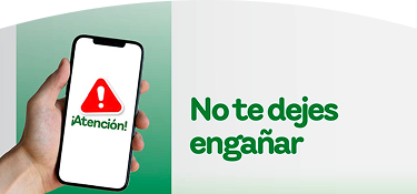 Mano sosteniendo un celular con señal de alerta roja y mensaje “¡Atención!”, junto al texto “No te dejes engañar” sobre fondo verde y blanco