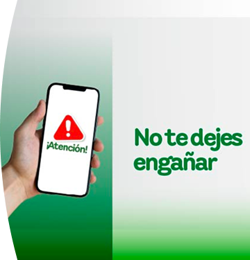 Mano sosteniendo un celular con señal de alerta roja y mensaje “¡Atención!”, junto al texto “No te dejes engañar” sobre fondo verde y blanco