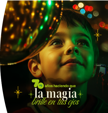 Niño observando con asombro los alumbrados navideños epm 2025. A su lado aparece el texto: "70 años haciendo que la magia brille en tus ojos" acompañado de estrellas decorativas y figuras luminosas en el fondo.