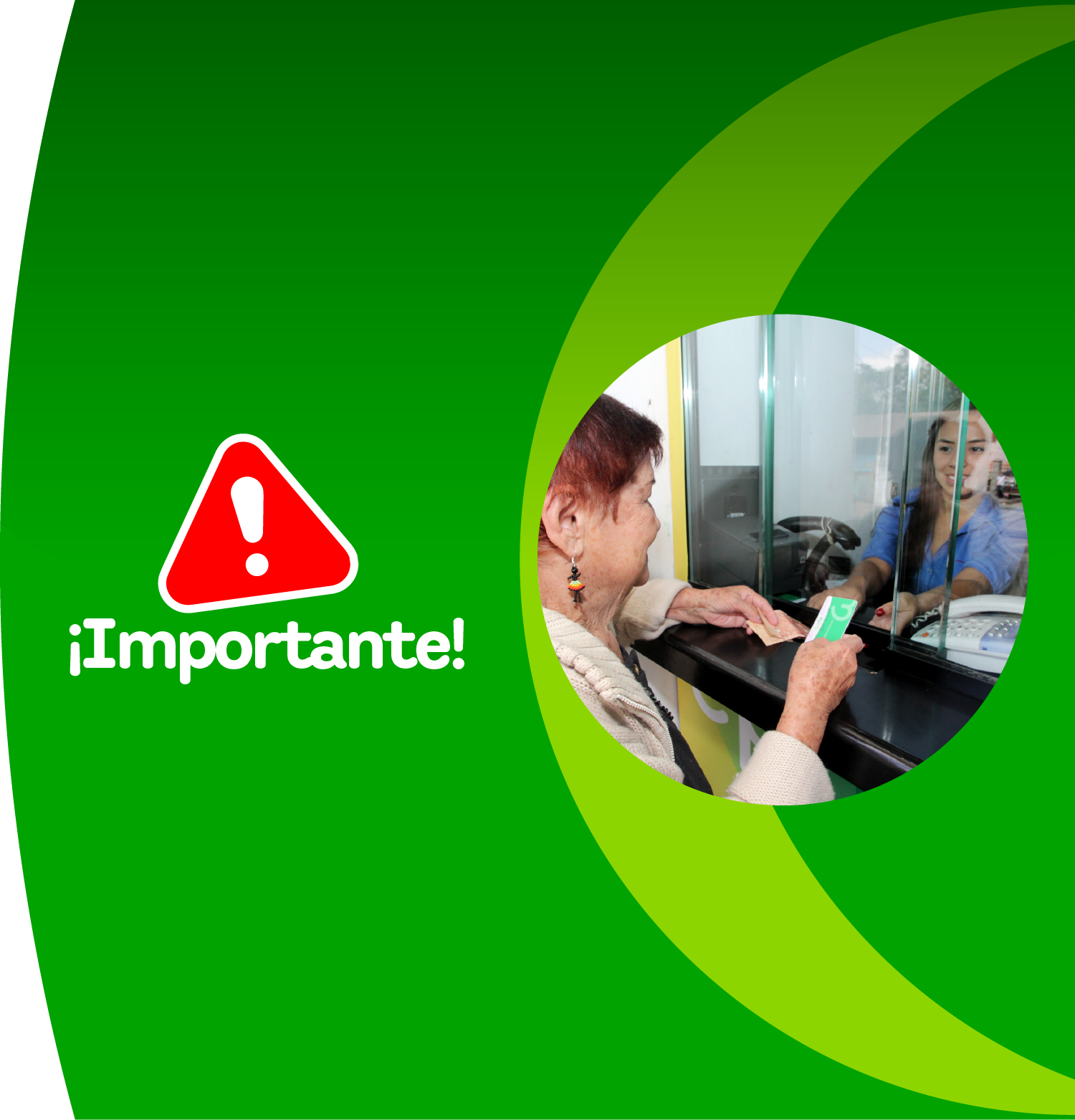 Mujer realiza el pago de energia prepago en una ventanilla. A la izquierda aparece un aviso de ¡Importante! con un ícono de advertencia.
