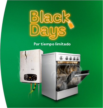 Black Days por tiempo limitado. A la derecha se ven un calentador y una estufa dañados, ambos con señales de desgaste y humo.”