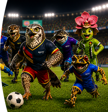 Fauna y flora representadas como futbolistas avanzan en un estadio lleno de aficionados