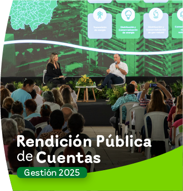 Evento de rendición pública de cuentas de EPM con panelista acompañada del gerente general de EPM John Maya Salazar, en escenario frente a la audiencia y el mensaje  de "Rendición pública de cuentas gestión 2025".
