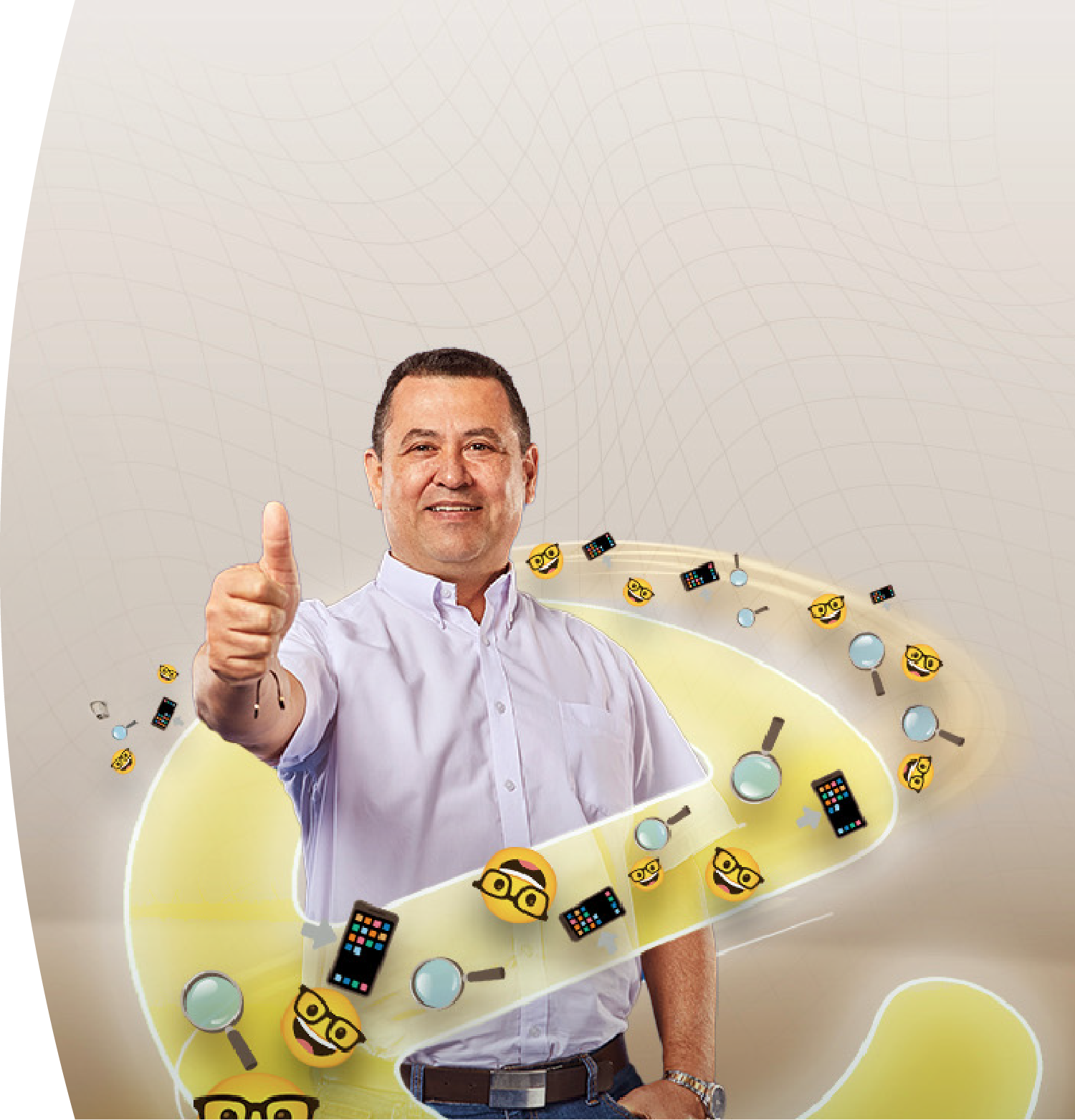 Hombre sonriendo dando pulgar arriba rodeado de iconos tecnológicos de búsqueda y celular