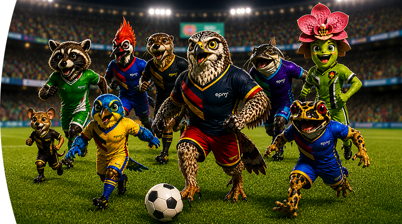 Fauna y flora representadas como futbolistas avanzan en un estadio lleno de aficionados