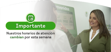 Banner informativo de EPM donde una asesora atiende a un cliente frente a un módulo digital, con el mensaje: “Importante: nuestros horarios de atención cambian por esta semana".