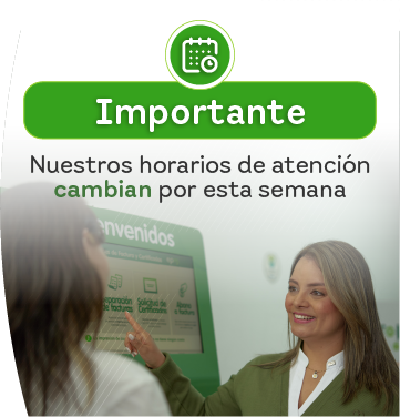 Banner informativo de EPM donde una asesora atiende a un cliente frente a un módulo digital, con el mensaje: “Importante: nuestros horarios de atención cambian por esta semana".
