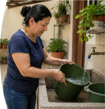 Mujer recolectando agua para las interrupciones programadas del servicio de acueducto