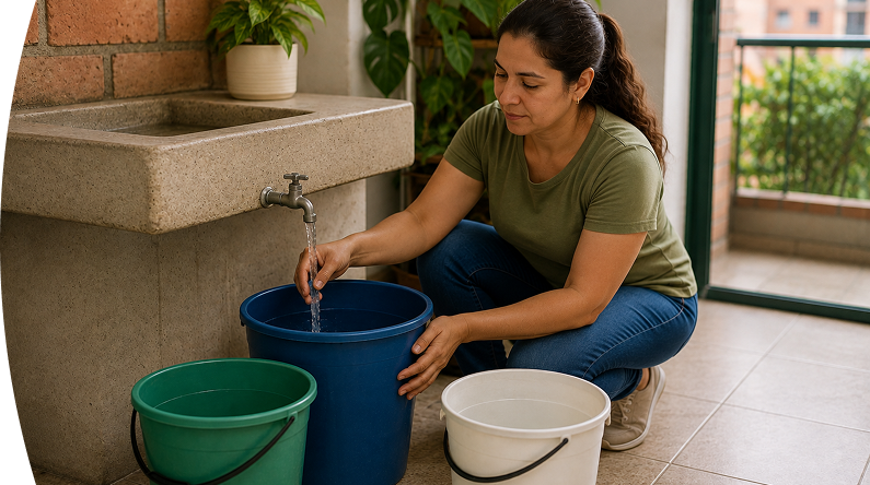 Mujer recolectando agua para las interrupciones programadas del servicio de acueducto