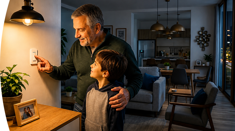 Abuelo y nieto encendiendo un interruptor en su hogar representa ahorro de los servicios