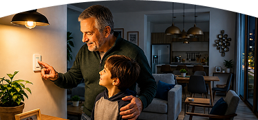 Abuelo y nieto encendiendo un interruptor en su hogar representa ahorro de los servicios