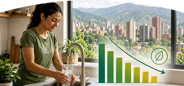 Mujer usando el agua de forma eficiente en el hogar, junto a una gráfica de consumo descendente que representa ahorro de los servicios