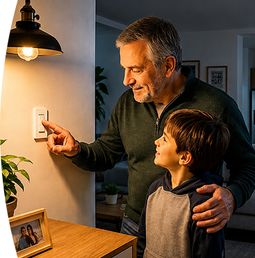 Abuelo y nieto encendiendo un interruptor en su hogar representa ahorro de los servicios