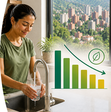 Mujer usando el agua de forma eficiente en el hogar, junto a una gráfica de consumo descendente que representa ahorro de los servicios