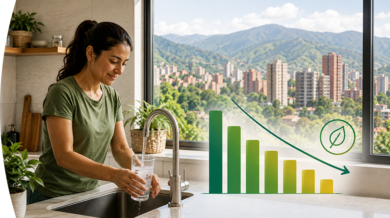 Mujer usando el agua de forma eficiente en el hogar, junto a una gráfica de consumo descendente que representa ahorro de los servicios