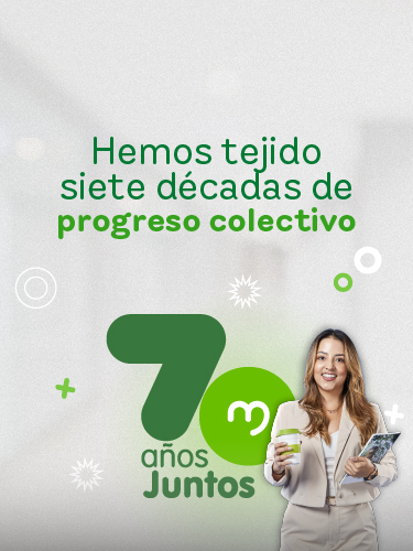 Banner conmemorativo de los 70 años de EPM, Incluye un texto "Hemos tejido siete décadas de progreso colectivo". Mujer sonriente con café y libreta en mano, junto al logo de los 70 años de EPM.