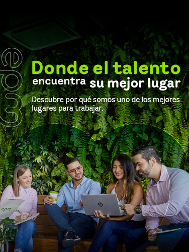 Banner del portal 'Gente EPM', donde se destaca a EPM como un lugar donde el talento encuentra su mejor oportunidad para crecer. La imagen muestra a un grupo de personas trabajando y compartiendo en un ambiente natural con un muro verde de fondo.