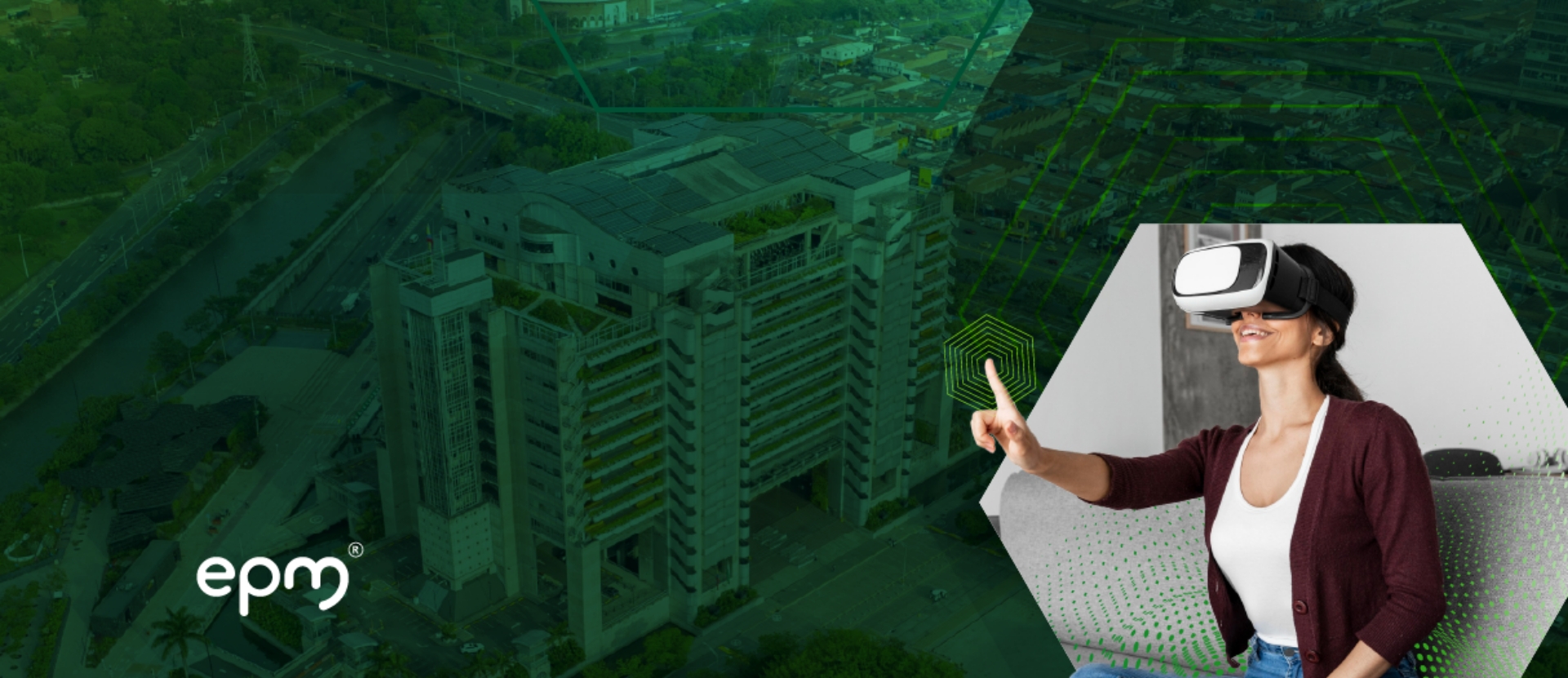 Banner del portal 'Gente EPM', invitando a participar en un recorrido inmersivo para conocer el edificio inteligente de EPM. La imagen muestra una vista aérea del edificio, combinada con una mujer usando gafas de realidad virtual e interactuando con un entorno digital.