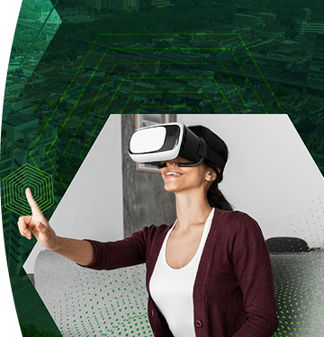 Mujer usando gafas de realidad virtual e interactuando con tecnología inmersiva en un entorno moderno