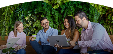 Empleados de EPM colaborando en equipo con laptops y documentos en un espacio verde sostenible con pared de plantas naturales
