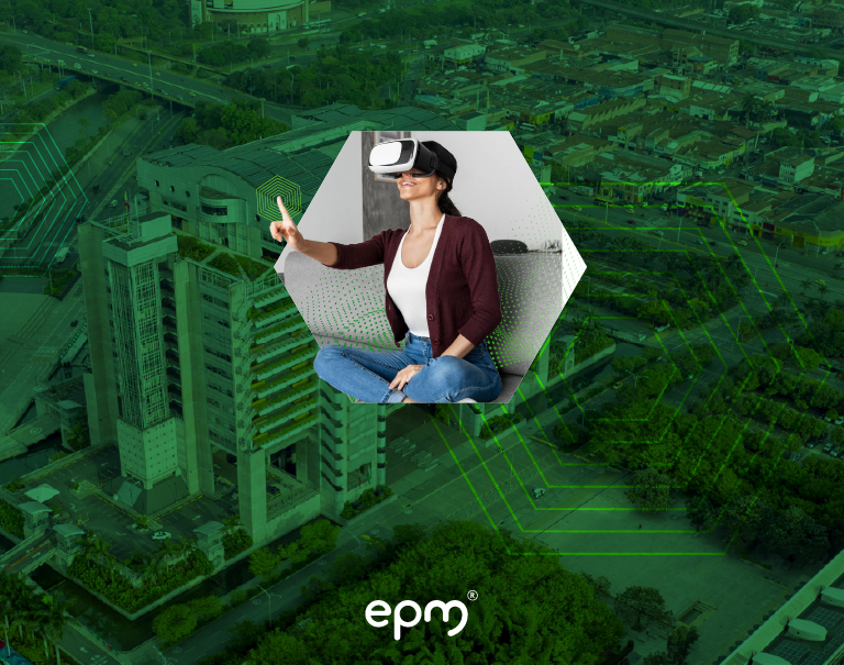 Banner del portal 'Gente EPM', invitando a participar en un recorrido inmersivo para conocer el edificio inteligente de EPM. La imagen muestra una vista aérea del edificio, combinada con una mujer usando gafas de realidad virtual e interactuando con un entorno digital.
