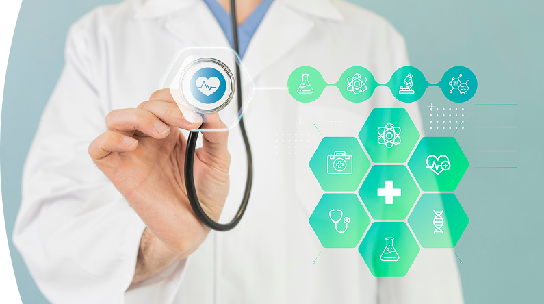 Doctor con un caleidoscopio usando una pantalla