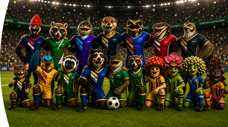 Especies de fauna y flora protegidas por EPM posan como equipo de fútbol en un estadio iluminado.