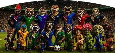 Especies de fauna y flora protegidas por EPM posan como equipo de fútbol en un estadio iluminado.